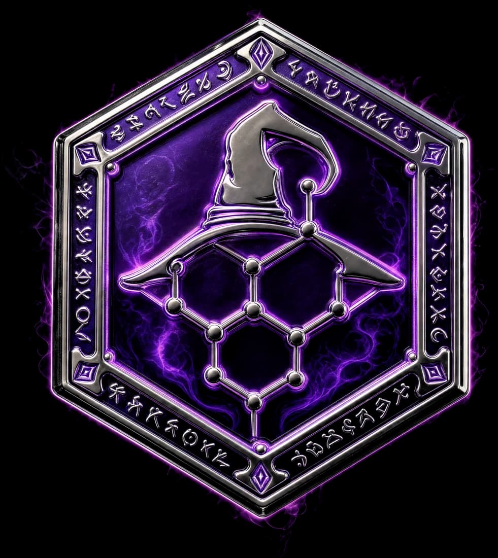Wizard Trees and Terp Bros fusion crest: a chrome hexagon holding a wizard hat fused with a terpene molecule lattice