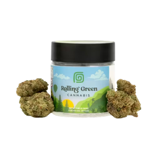 Rolling Green Cannabis flower jar with fresh nugs