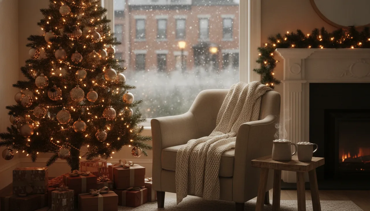 Cozy Christmas-week Queens living room with a glowing tree, cocoa and snow falling past the window