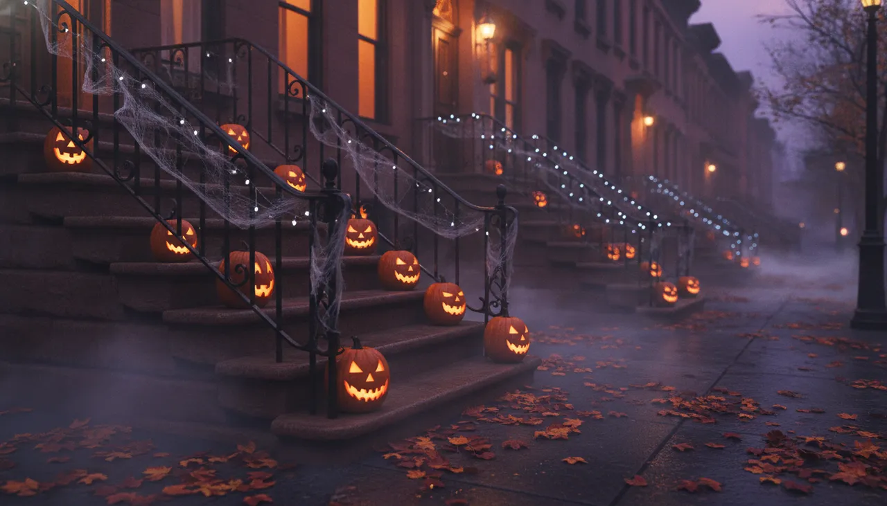 Astoria brownstone stoops with glowing carved pumpkins and fog at dusk during Halloween season in Queens