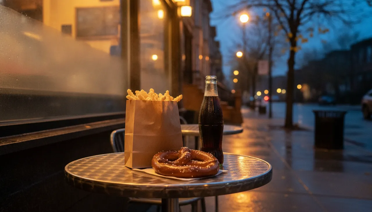 Cozy autumn takeout spread on an Astoria bistro table at dusk under golden streetlamps, evoking a Queens munchies night