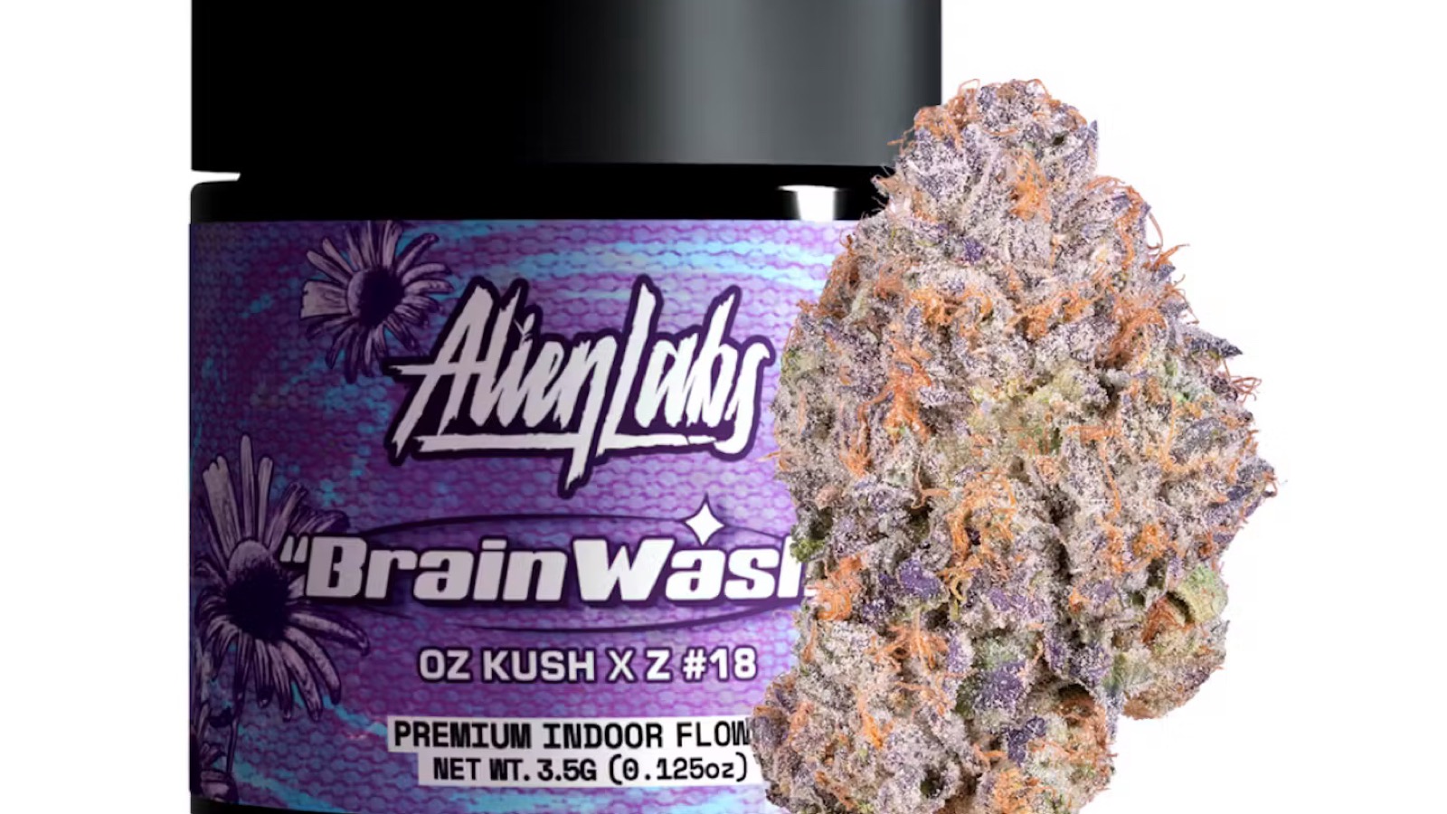 Alien Labs Brainwash premium indoor flower jar in purple with a frosty Oz Kush x Z #18 bud, new at both Terp Bros locations