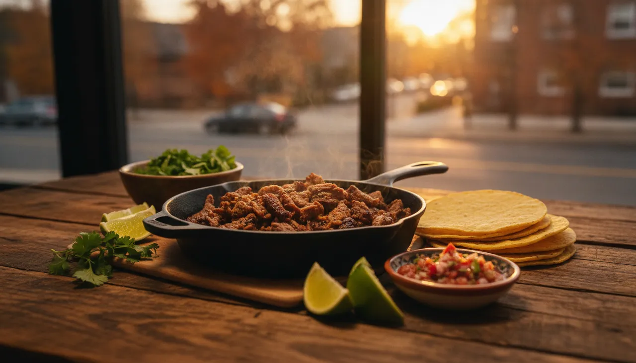 Sizzling taco spread with lime and cilantro on a wood table in warm Astoria evening light, evoking the Run For It Taco Tuesday newsletter