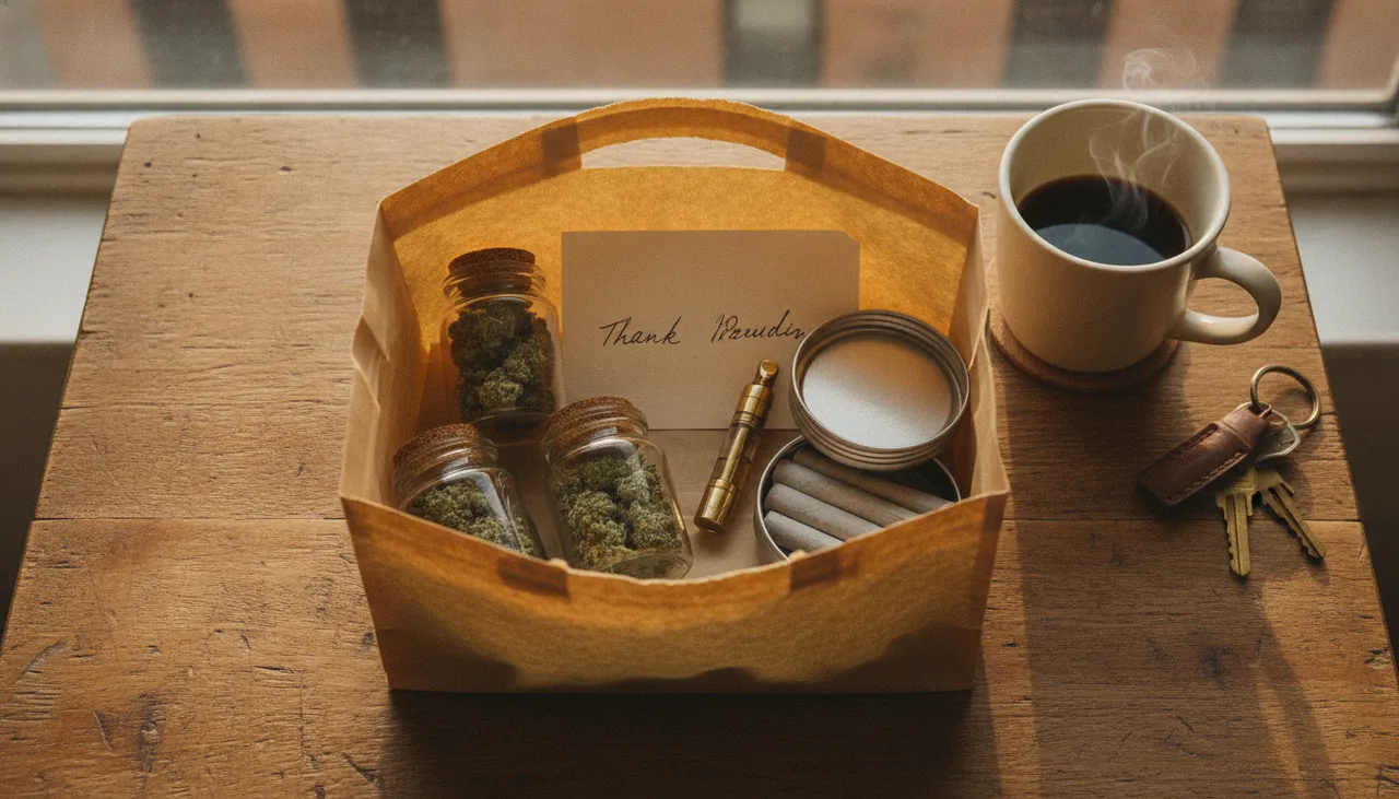 Opened kraft delivery bag on a sunny Queens kitchen table revealing flower jars, a vape cartridge and pre-rolls with a thank-you card