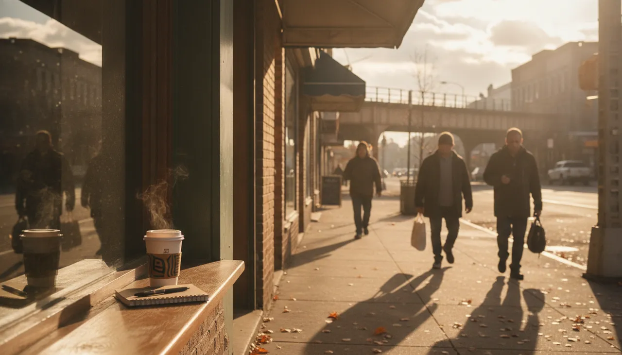 Golden morning light on Ditmars Boulevard storefronts in Astoria with a steaming coffee cup and notebook on a sunlit windowsill