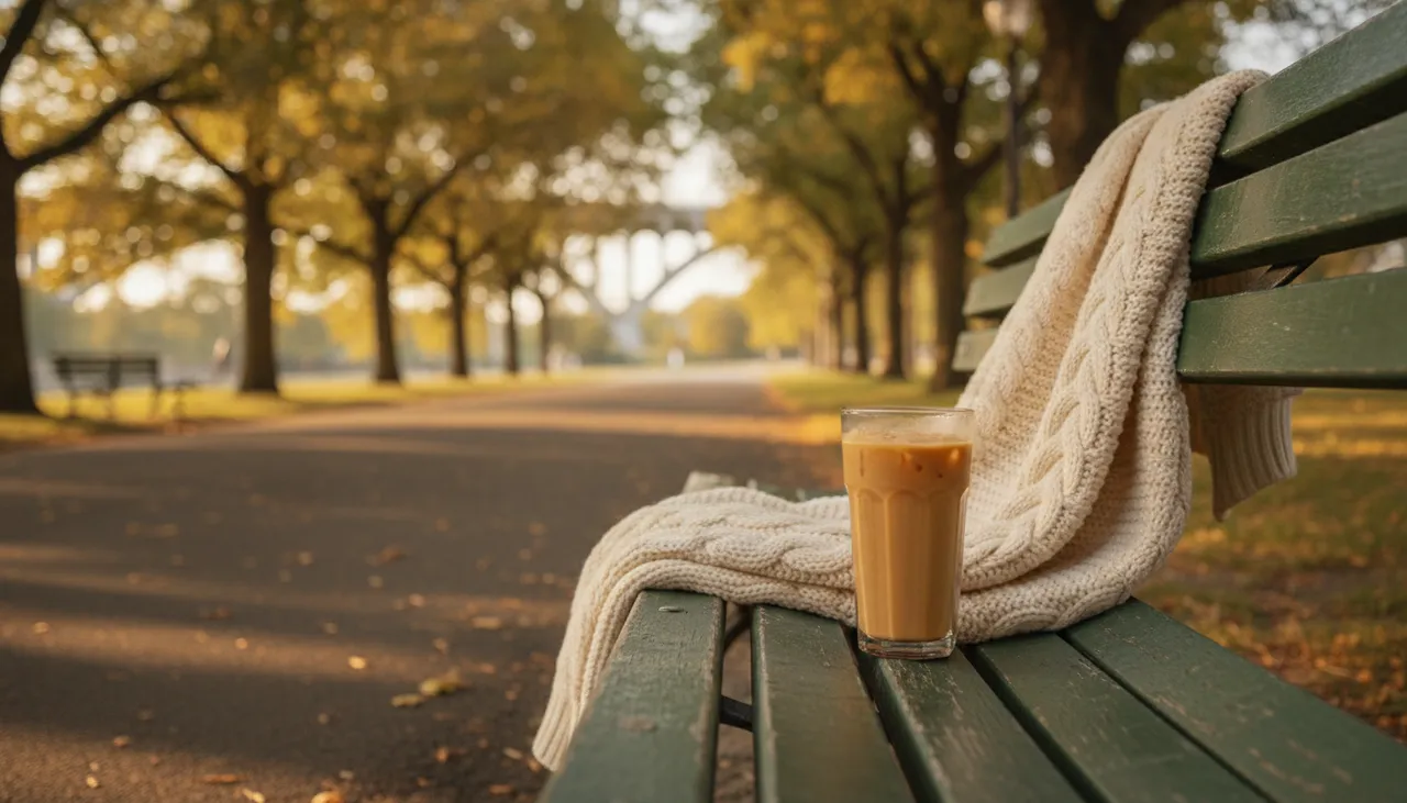 Knit sweater draped on an Astoria Park bench with iced coffee under dappled early-fall sunlight, Hell Gate Bridge blurred behind