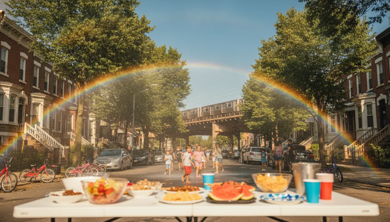 Sunny Queens summer block scene with an open fire hydrant misting a rainbow on a tree-lined Astoria street near the elevated train