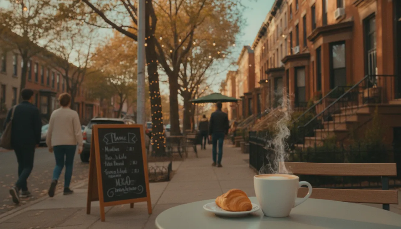 Golden-hour early-fall Astoria Queens street with turning leaves, a corner cafe and a steaming pumpkin-spice latte