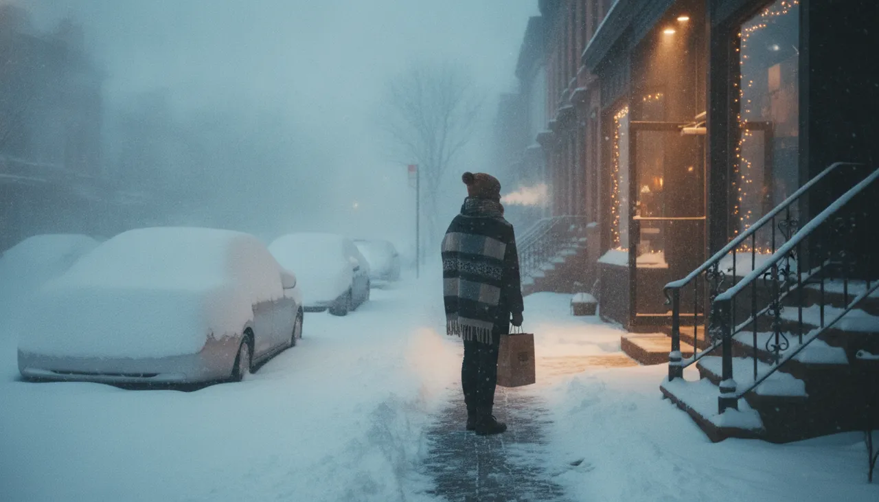 Snow-covered Queens block the morning after a blizzard with a shoveled path to a warmly lit dispensary doorway
