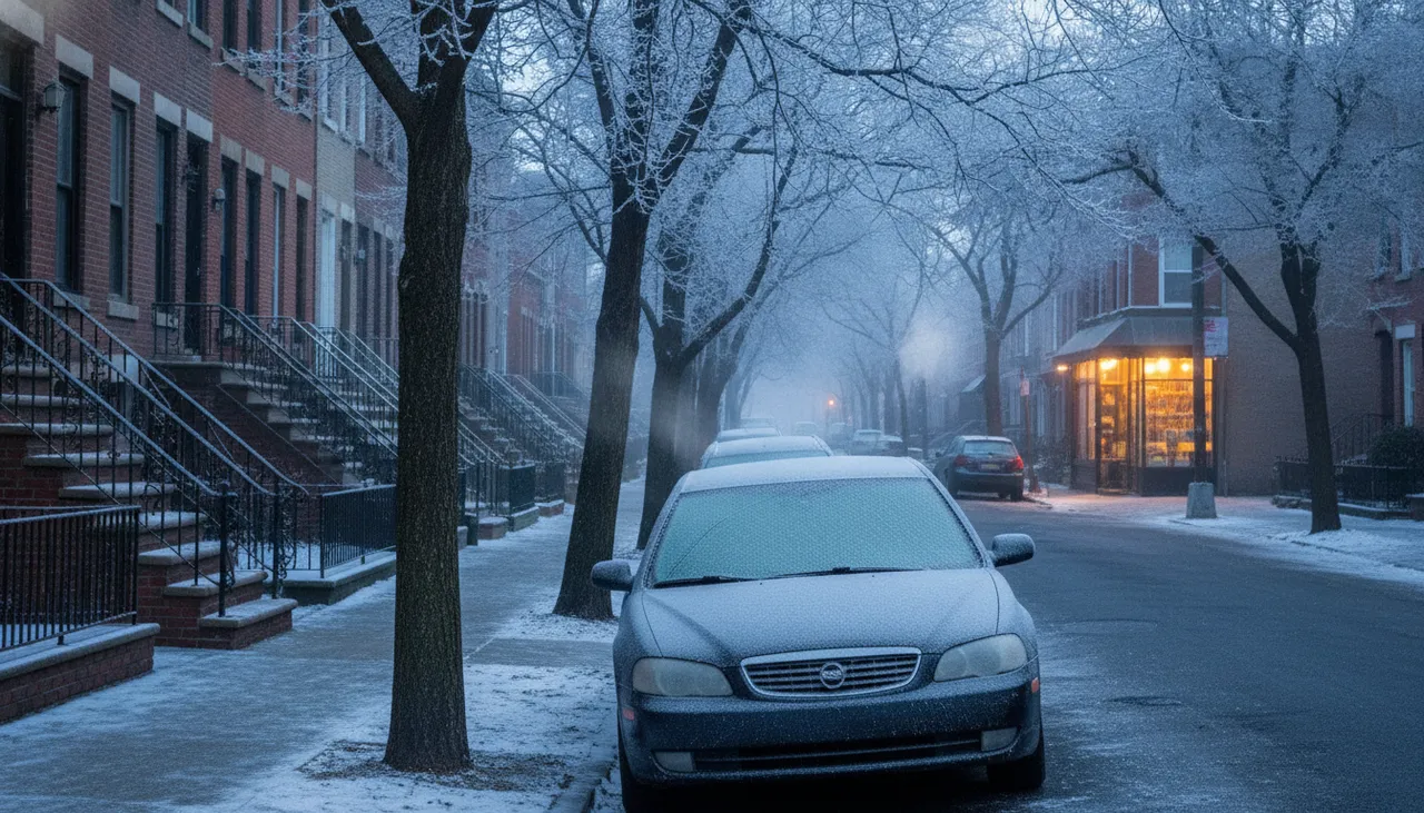 Frosty January morning on an Astoria Queens street with a warm-lit corner dispensary storefront