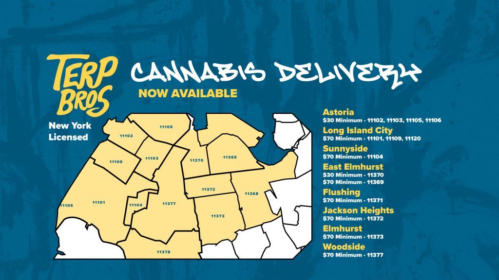  A selection of premium cannabis products ready for delivery at Terp Bros dispensary in Astoria, showcasing exclusive strains and cannabis-infused products.